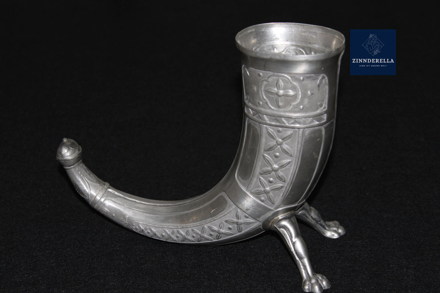 NORWEGEN TRINKHORN AUS ZINN, WIKINGER MOTIV, VON AKSEL HOLMSEN, 1920ER