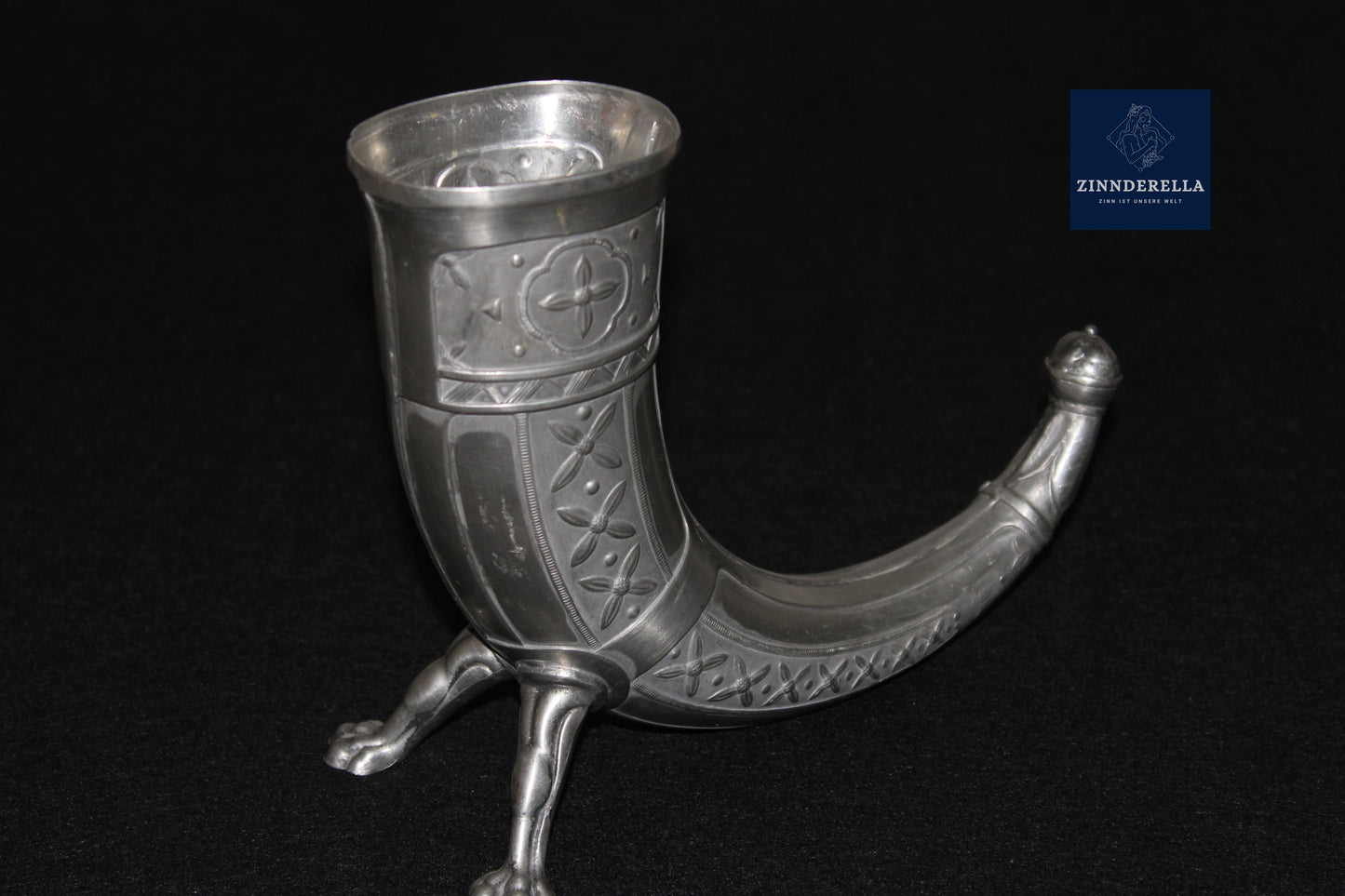 NORWEGEN TRINKHORN AUS ZINN, WIKINGER MOTIV, VON AKSEL HOLMSEN, 1920ER