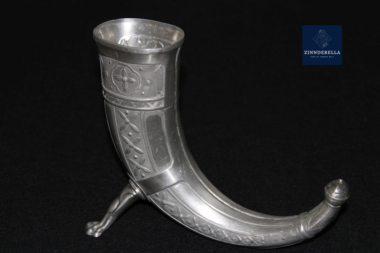 NORWEGEN TRINKHORN AUS ZINN, WIKINGER MOTIV, VON AKSEL HOLMSEN, 1920ER